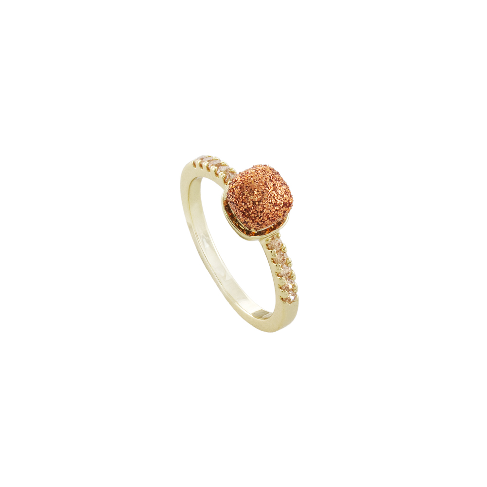04L15-00718 Δαχτυλίδι Candy Festive μεταλλικό επίχρυσο με καφέ glitter και λευκά ζιργκόν - Image 1